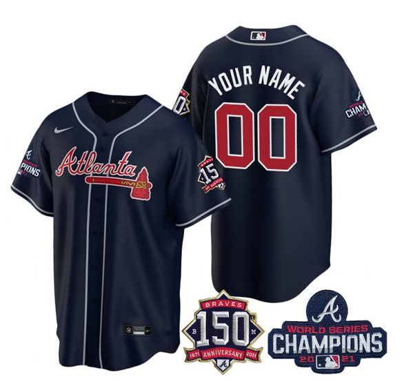 Men's Atlanta Braves Active Player Custom 2021 Navy World Series Chimpions With 150th Anniversary Cool Base Stitched Jersey
